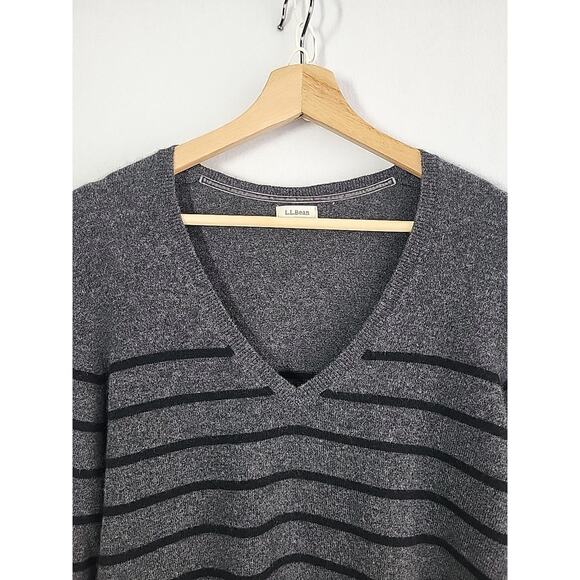 L.L.Bean 100% Cashmere V-Neck Sweater Men M Charcoal Gray Stripe Classic Office - Picture 3 of 12